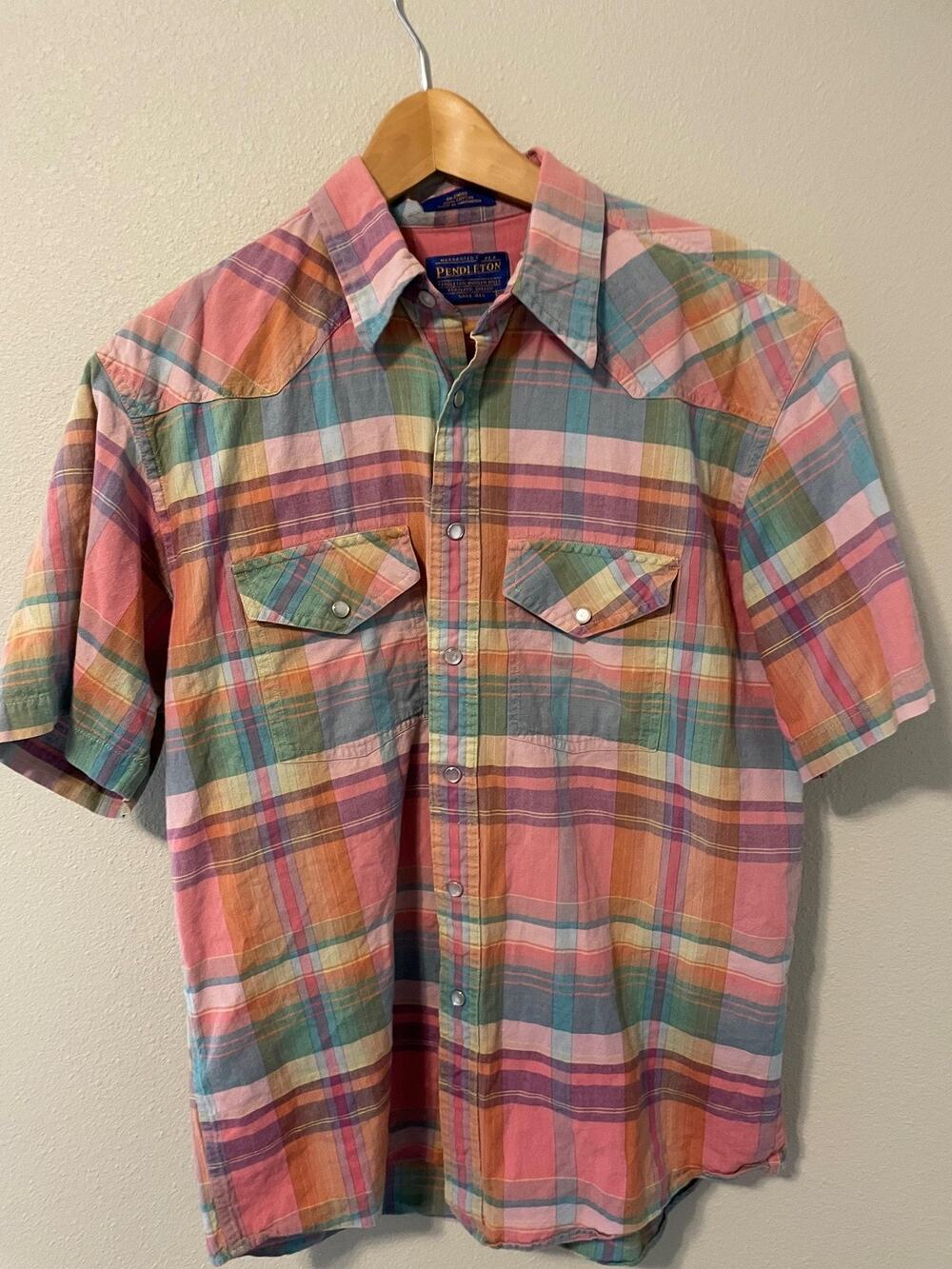 Pendleton Shirt Mens Medium Multicolor Plaid Short Sleeve Snap Front Western